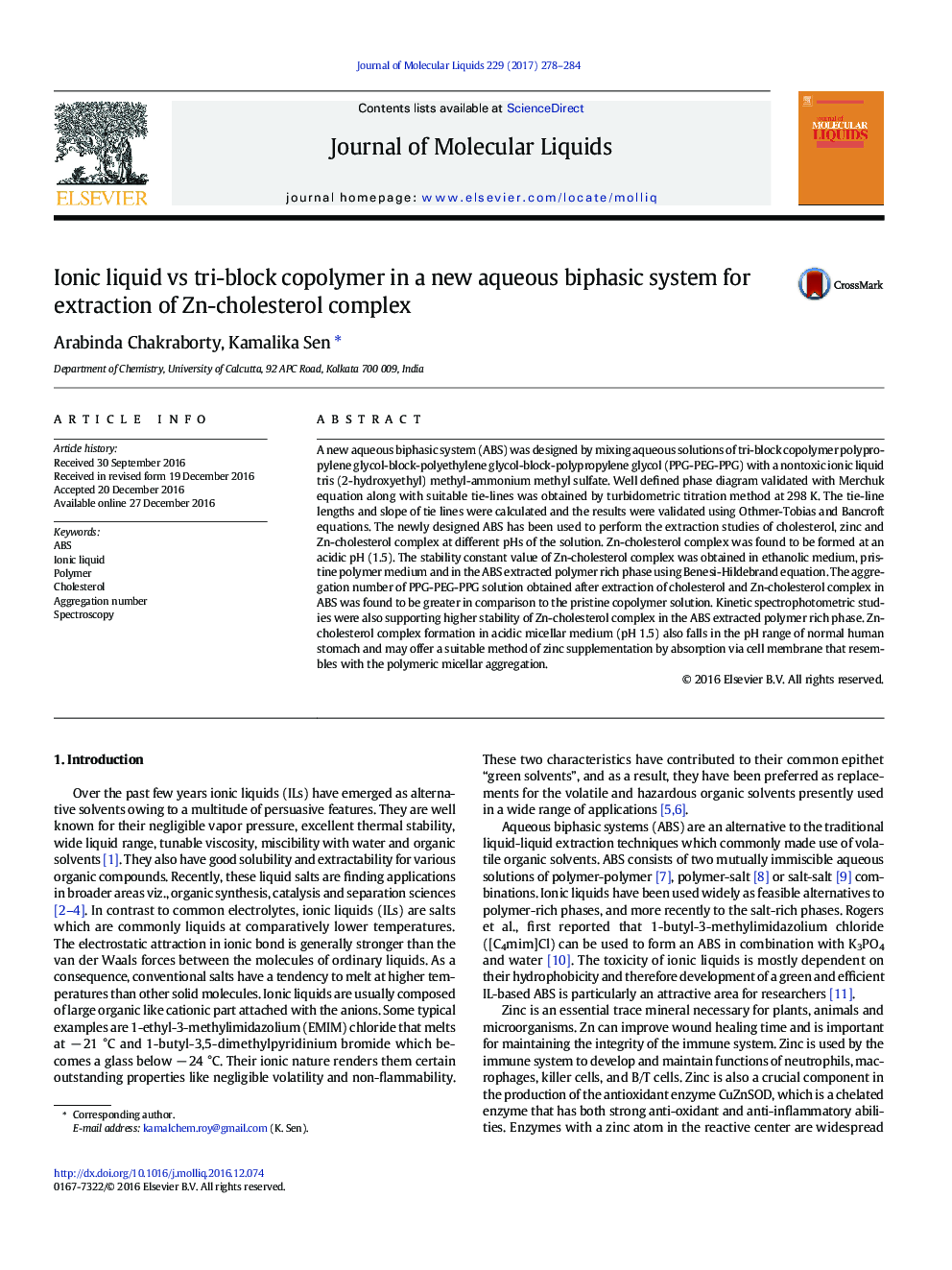 Ionic liquid vs tri-block copolymer in a new aqueous biphasic system for extraction of Zn-cholesterol complex