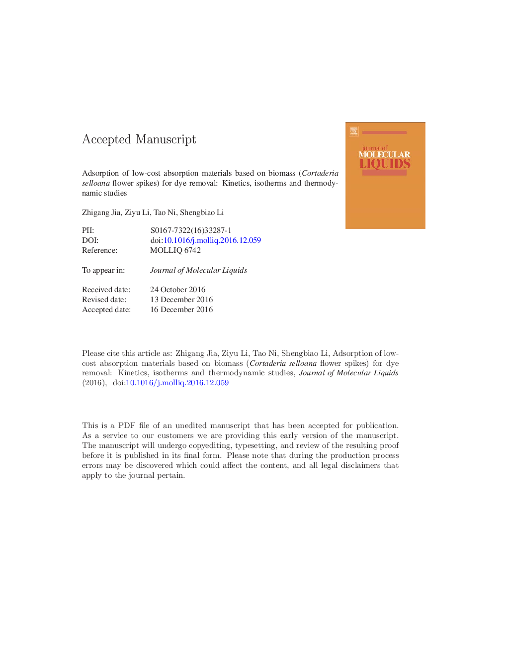 Adsorption of low-cost absorption materials based on biomass (Cortaderia selloana flower spikes) for dye removal: Kinetics, isotherms and thermodynamic studies