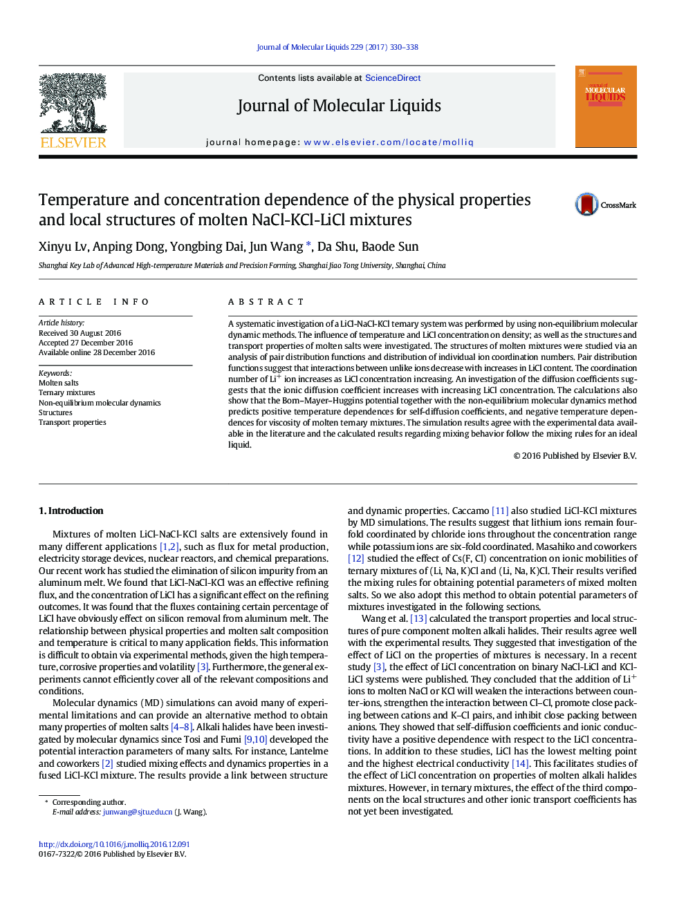 Temperature and concentration dependence of the physical properties and local structures of molten NaCl-KCl-LiCl mixtures