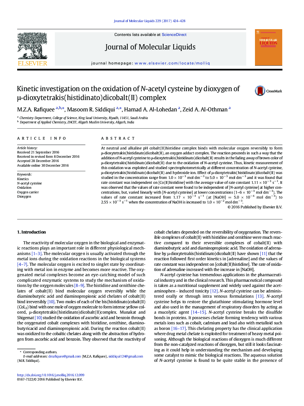 Kinetic investigation on the oxidation of N-acetyl cysteine by dioxygen of Î¼-dioxytetrakis(histidinato)dicobalt(II) complex
