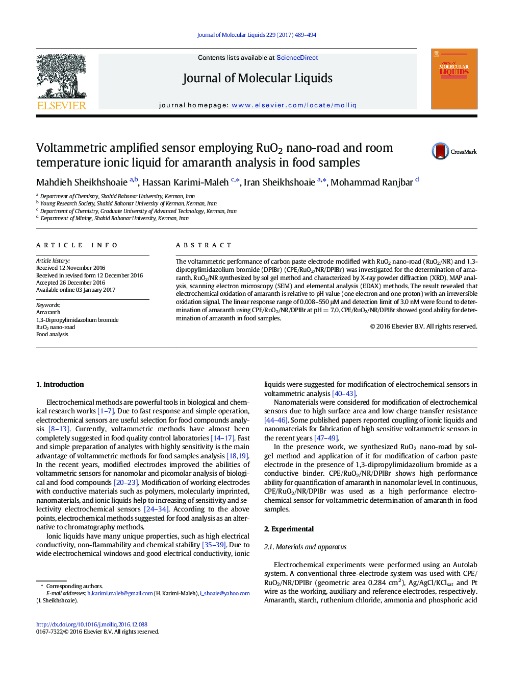 Voltammetric amplified sensor employing RuO2 nano-road and room temperature ionic liquid for amaranth analysis in food samples