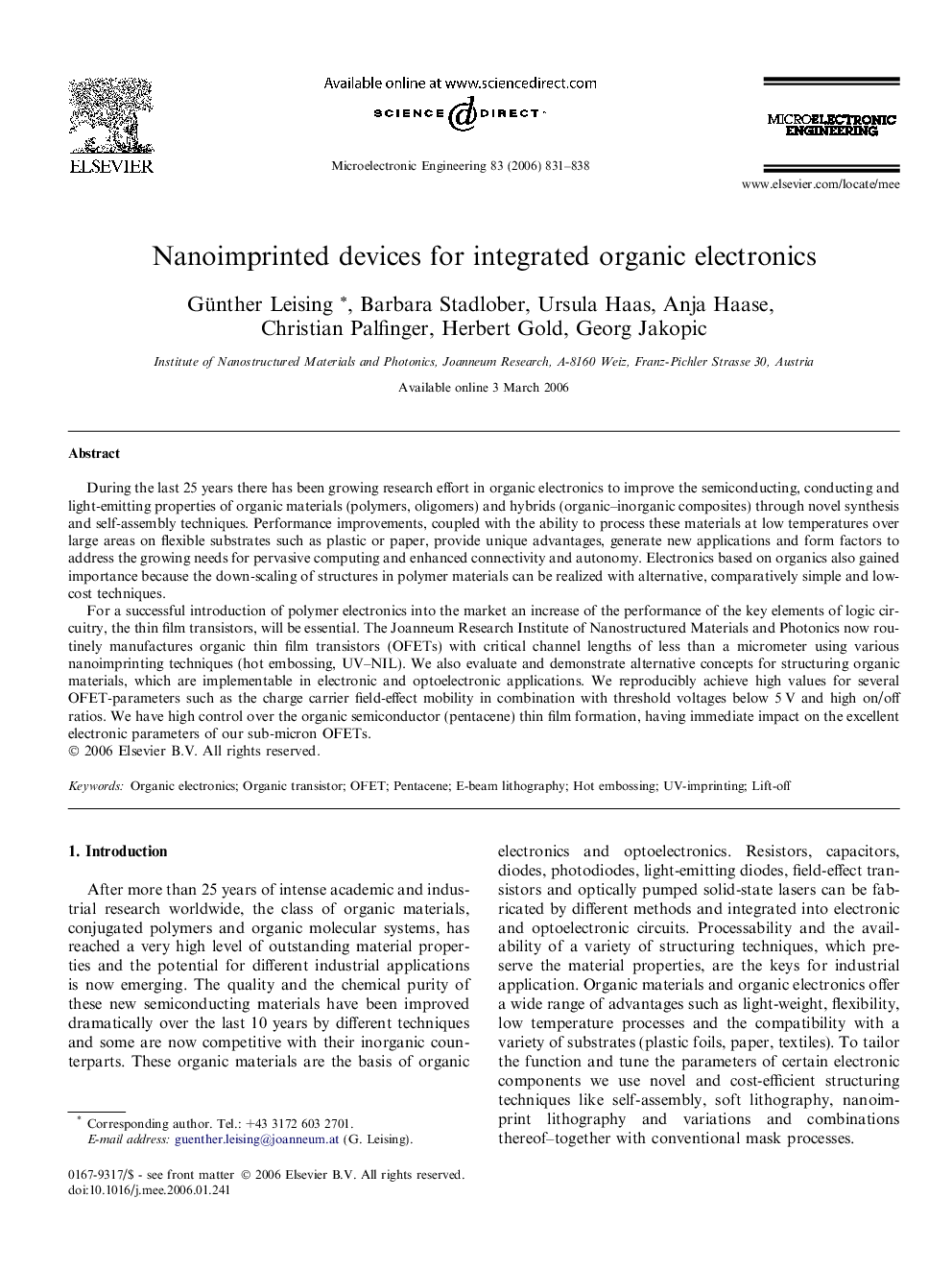 Nanoimprinted devices for integrated organic electronics