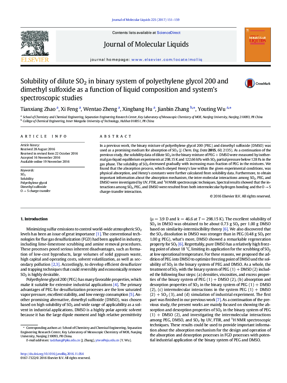 Solubility of dilute SO2 in binary system of polyethylene glycol 200 and dimethyl sulfoxide as a function of liquid composition and system's spectroscopic studies