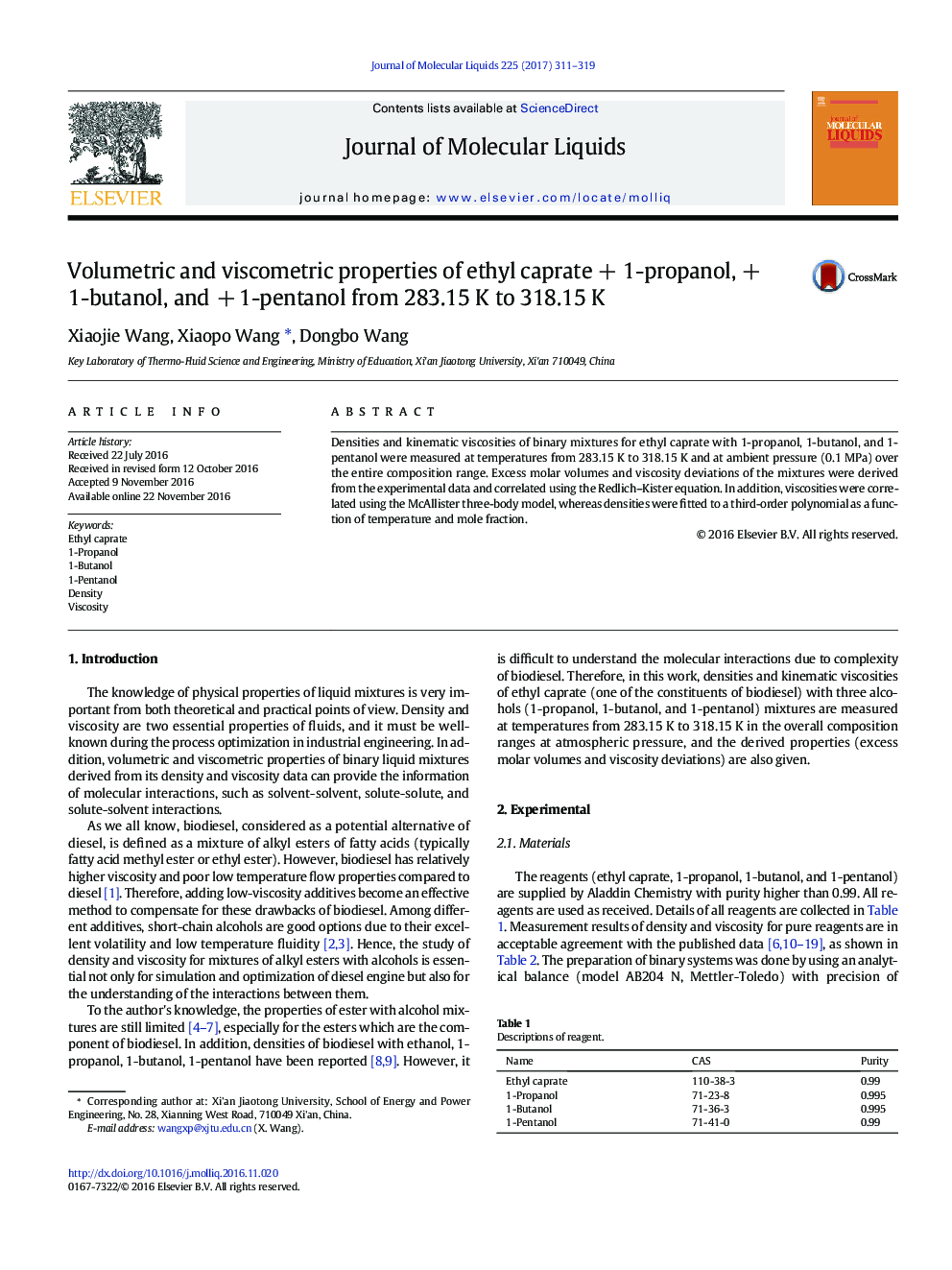 Volumetric and viscometric properties of ethyl caprateÂ +Â 1-propanol, +Â 1-butanol, and +Â 1-pentanol from 283.15Â K to 318.15Â K