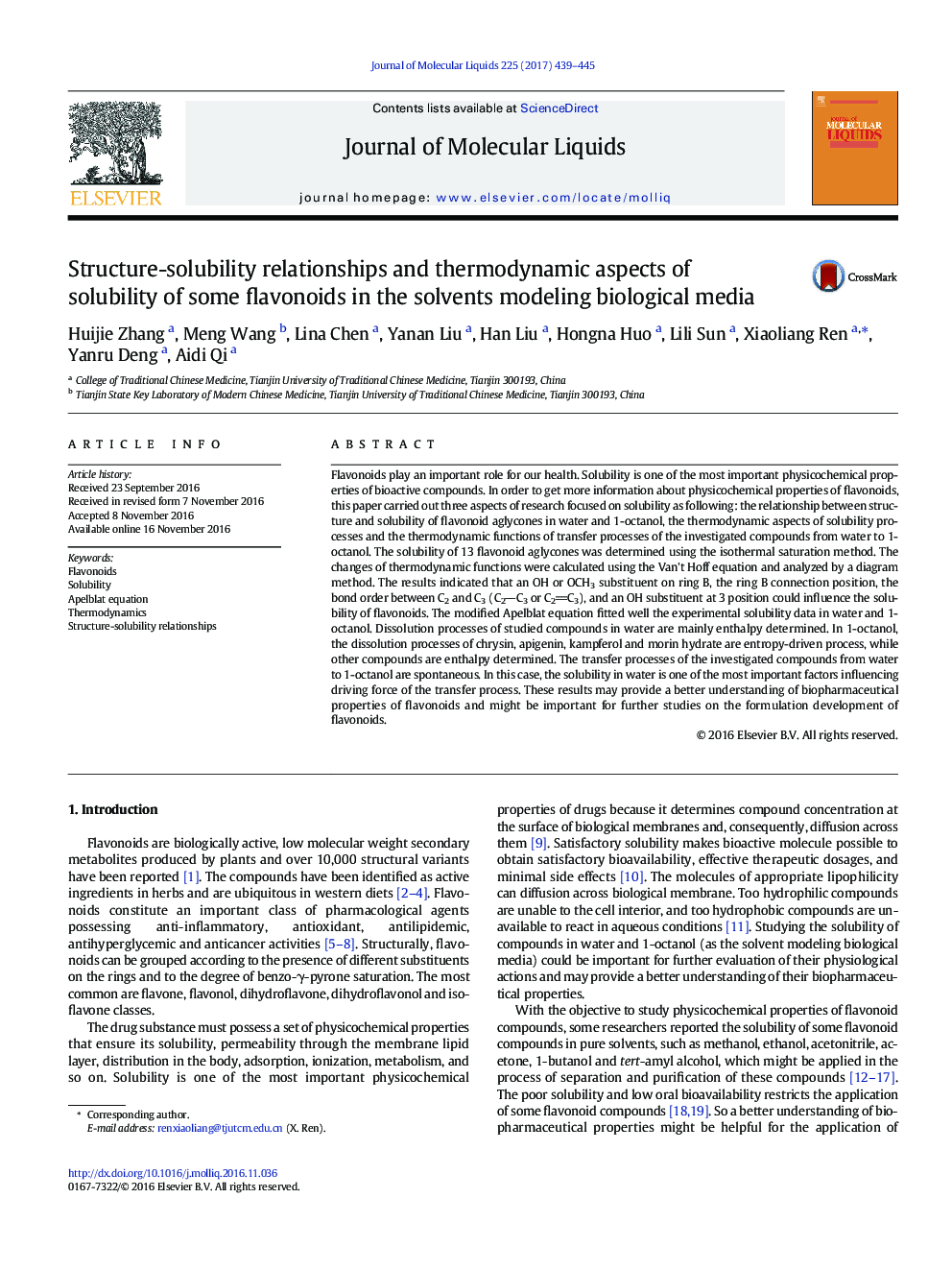 Structure-solubility relationships and thermodynamic aspects of solubility of some flavonoids in the solvents modeling biological media