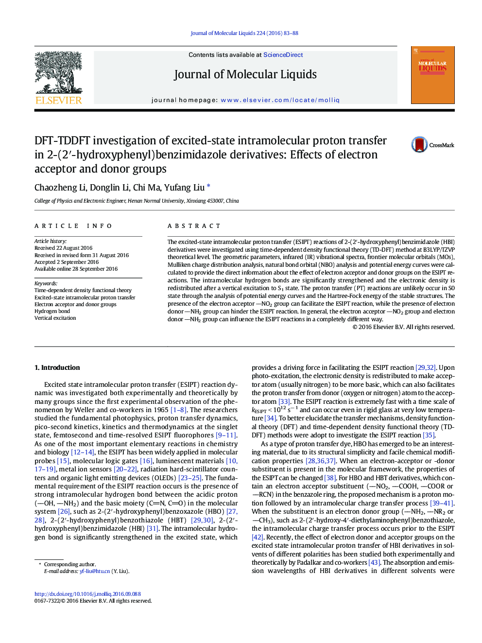 DFT-TDDFT investigation of excited-state intramolecular proton transfer in 2-(2â²-hydroxyphenyl)benzimidazole derivatives: Effects of electron acceptor and donor groups