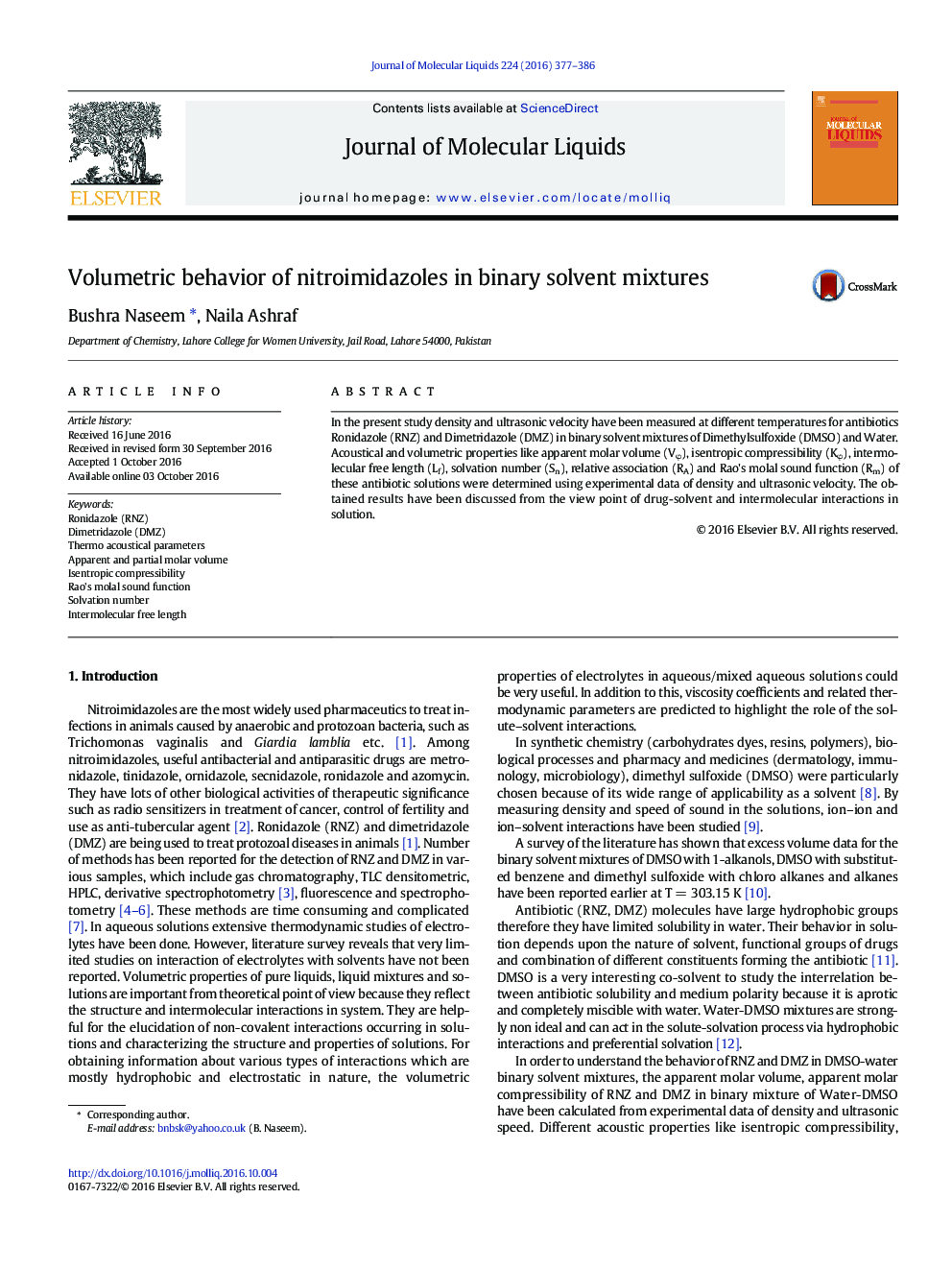Volumetric behavior of nitroimidazoles in binary solvent mixtures