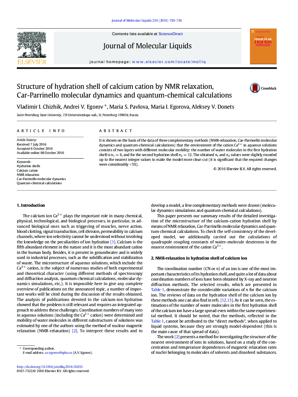 Structure of hydration shell of calcium cation by NMR relaxation, Car-Parrinello molecular dynamics and quantum-chemical calculations