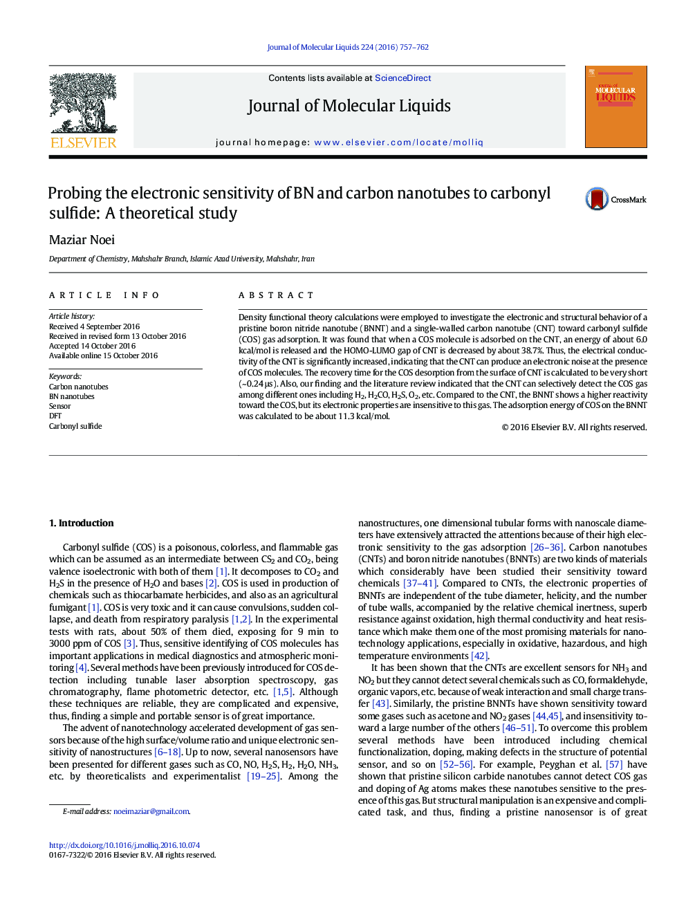 Probing the electronic sensitivity of BN and carbon nanotubes to carbonyl sulfide: A theoretical study