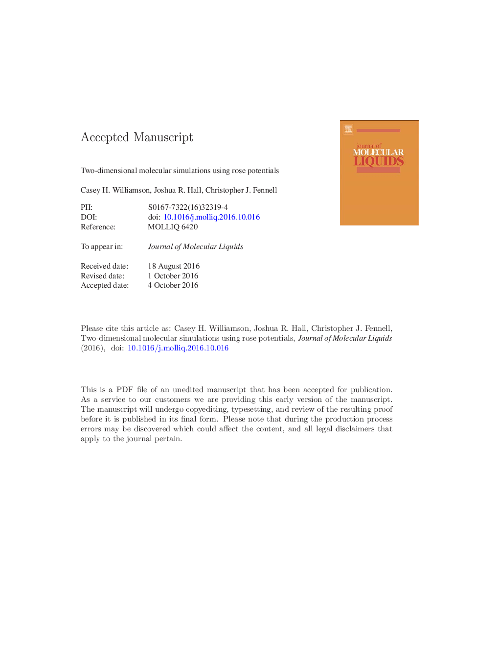 Two-dimensional molecular simulations using rose potentials