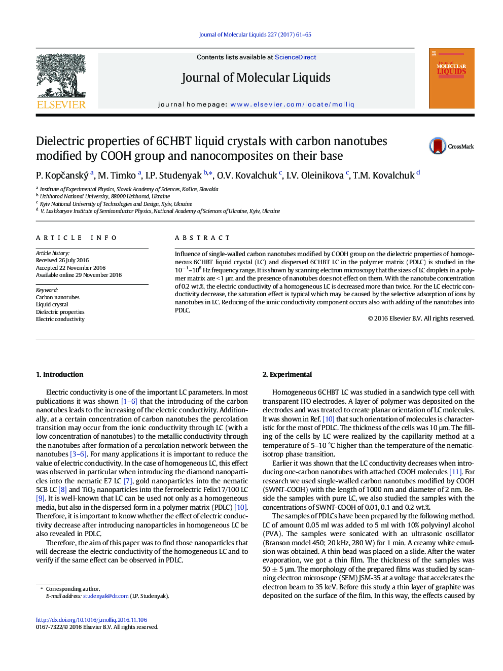 Dielectric properties of 6Ð¡ÐÐÐ¢ liquid crystals with carbon nanotubes modified by COOH group and nanocomposites on their base