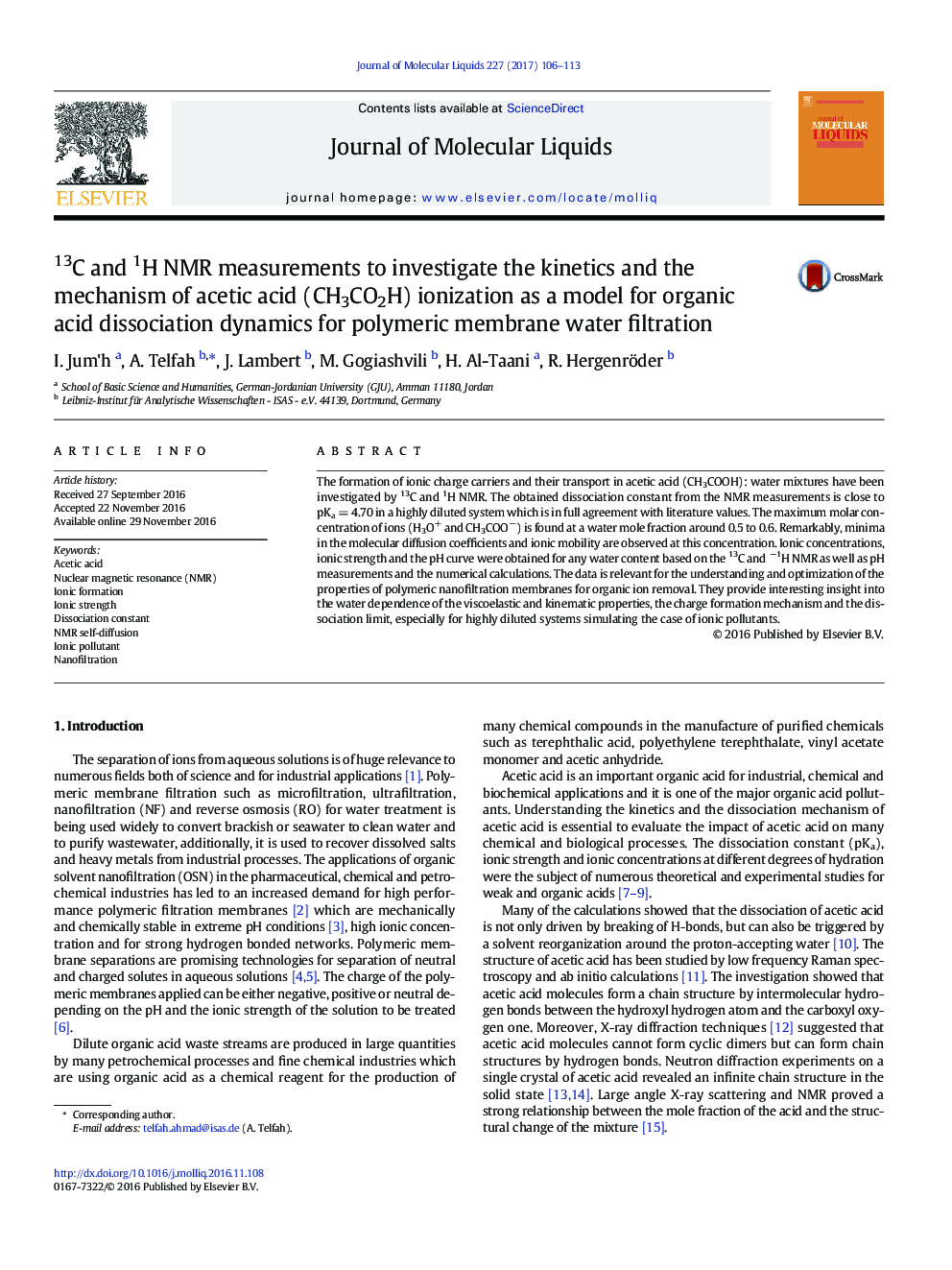 13C and 1H NMR measurements to investigate the kinetics and the mechanism of acetic acid (CH3CO2H) ionization as a model for organic acid dissociation dynamics for polymeric membrane water filtration