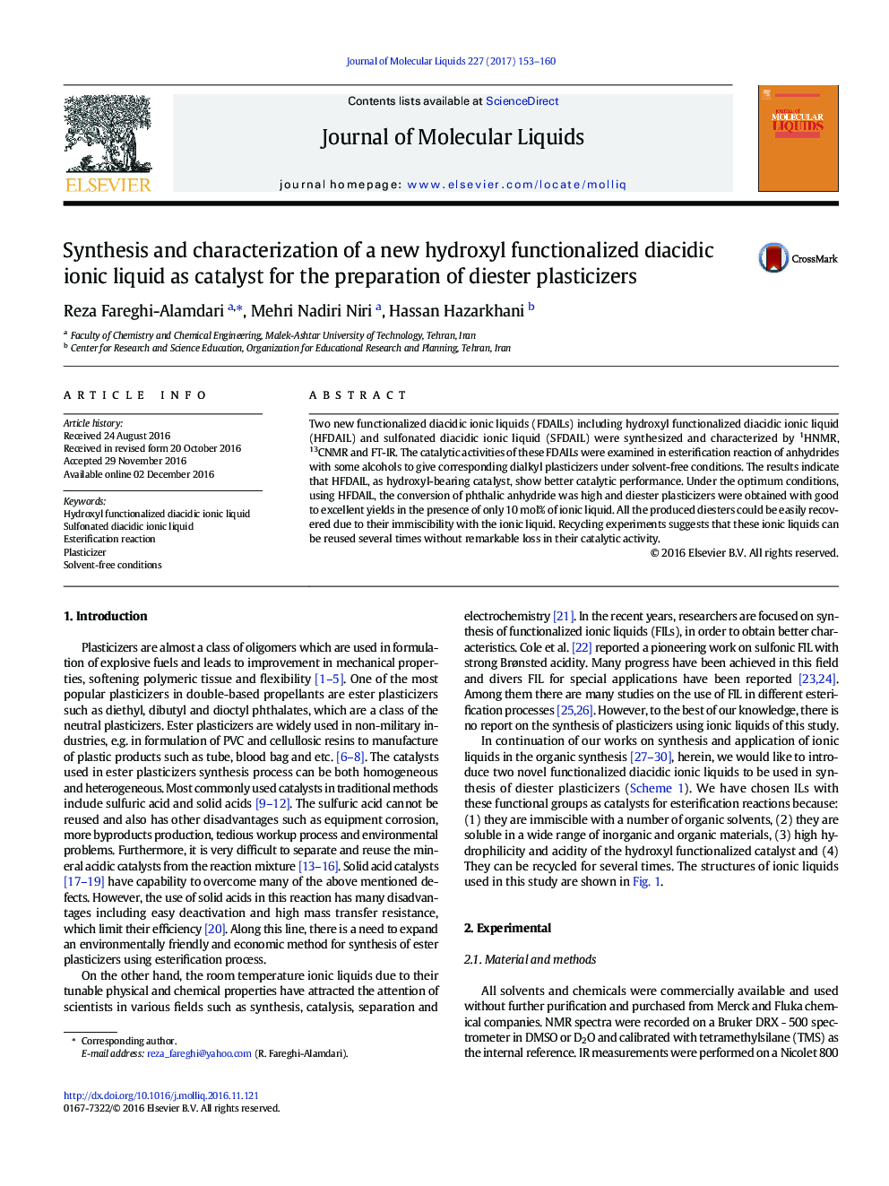 Synthesis and characterization of a new hydroxyl functionalized diacidic ionic liquid as catalyst for the preparation of diester plasticizers