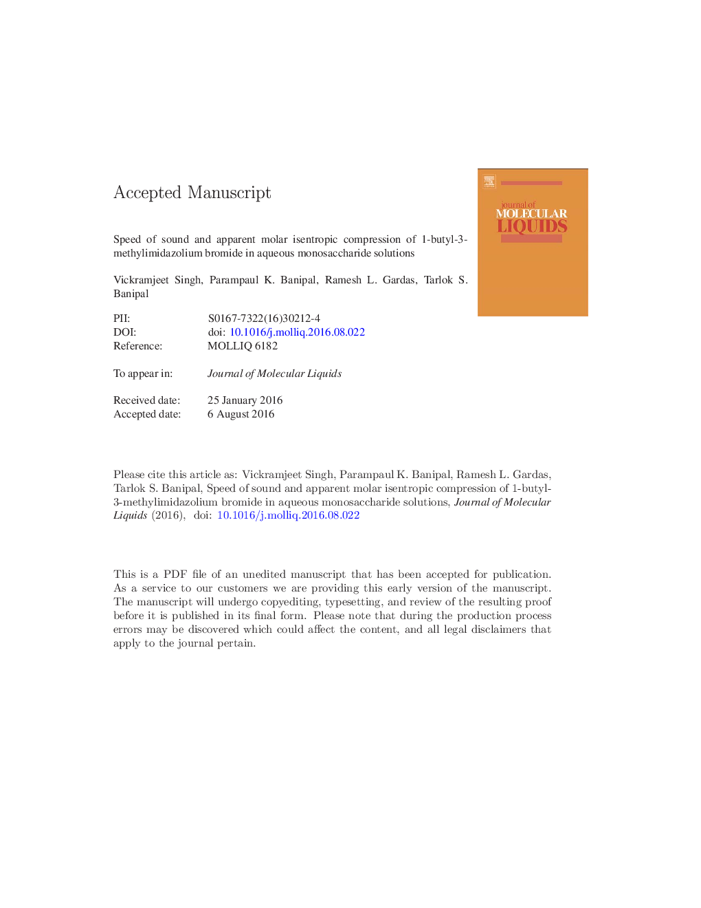 Speed of sound and apparent molar isentropic compression of 1-butyl-3-methylimidazolium bromide in aqueous monosaccharide solutions