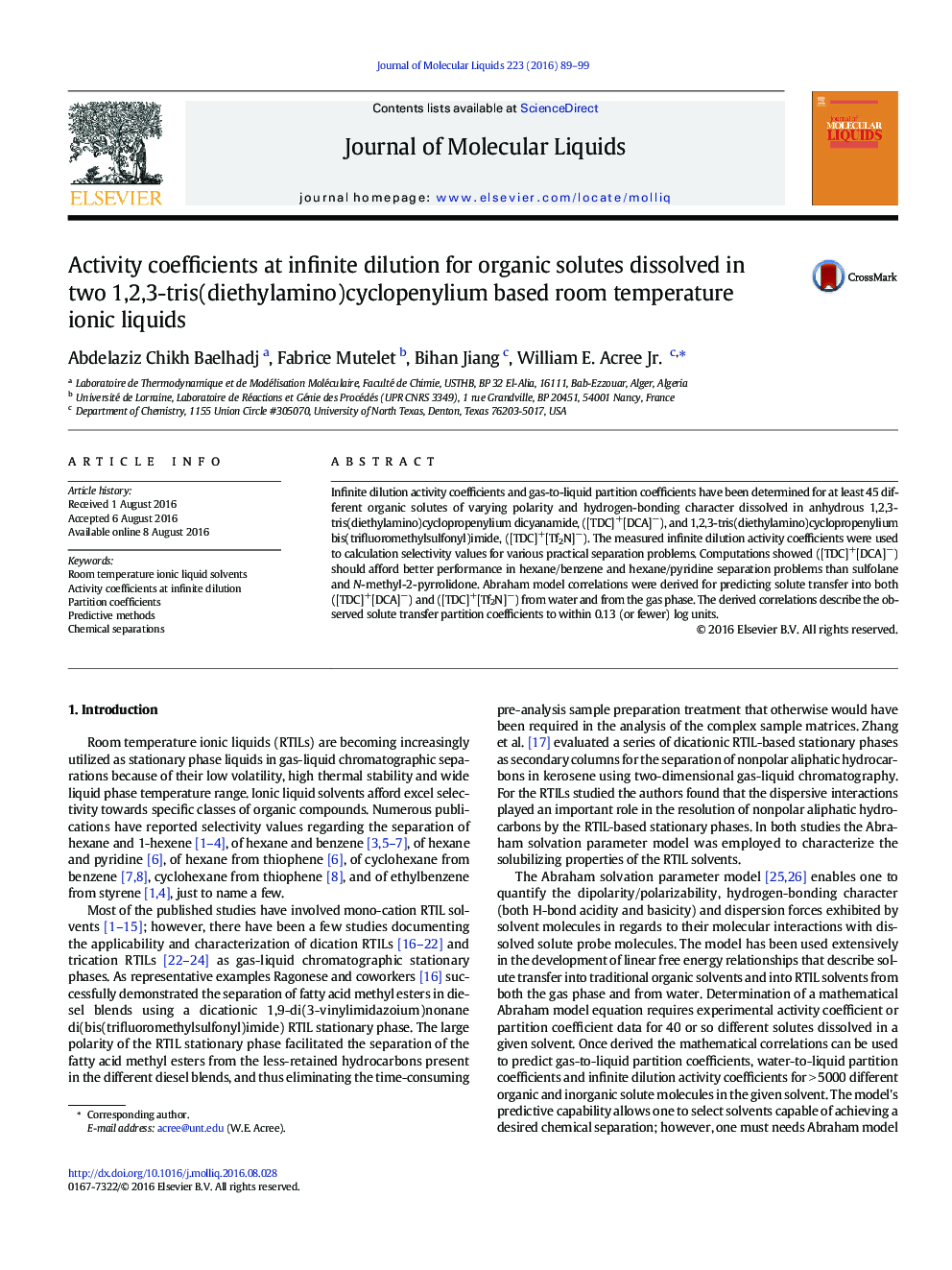 Activity coefficients at infinite dilution for organic solutes dissolved in two 1,2,3-tris(diethylamino)cyclopenylium based room temperature ionic liquids