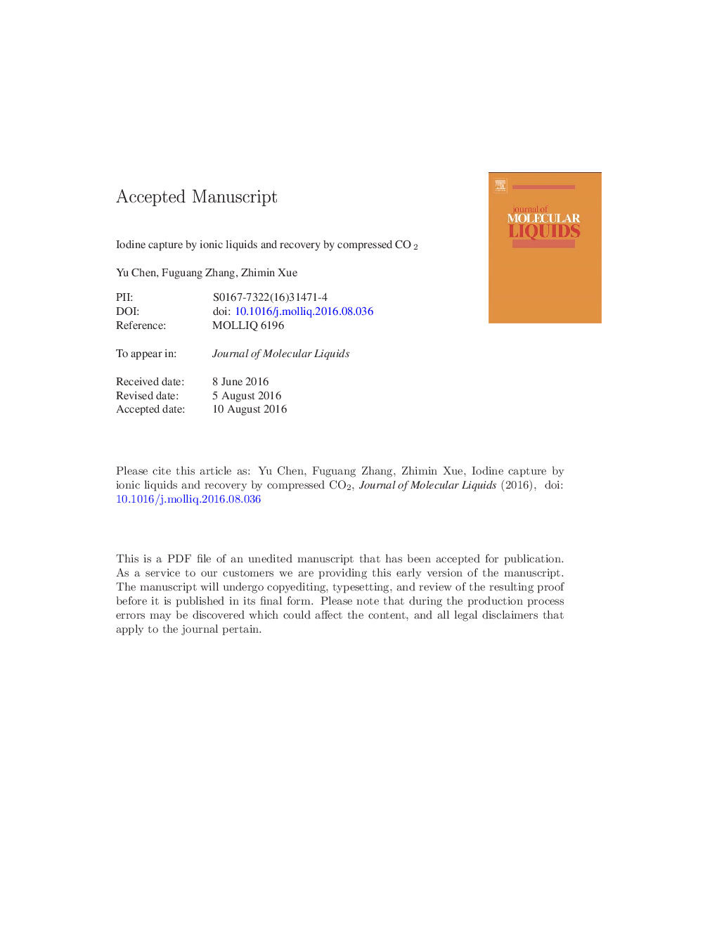 Iodine capture by ionic liquids and recovery by compressed CO2