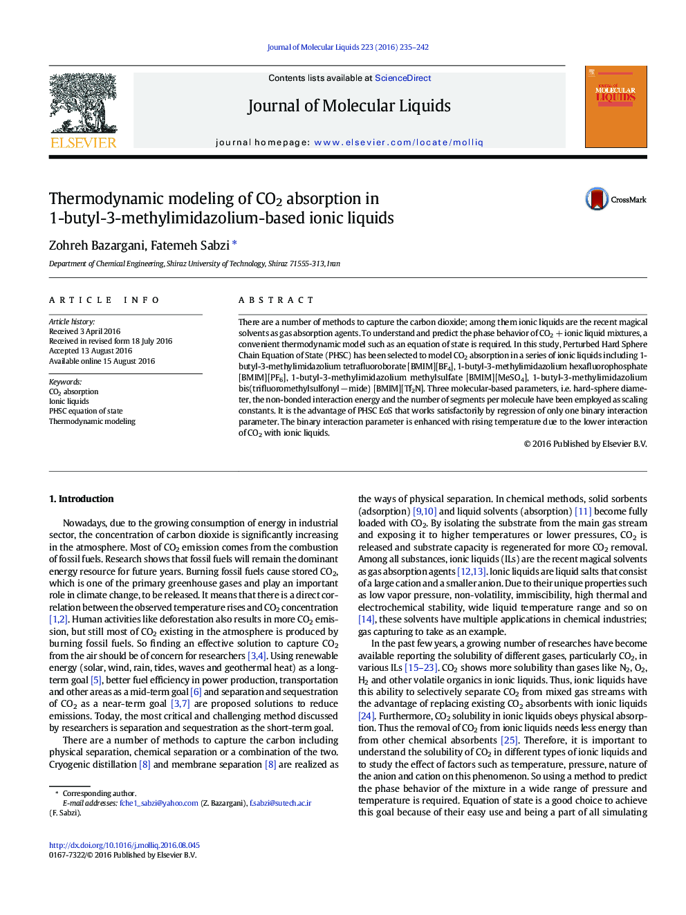 Thermodynamic modeling of CO2 absorption in 1-butyl-3-methylimidazolium-based ionic liquids