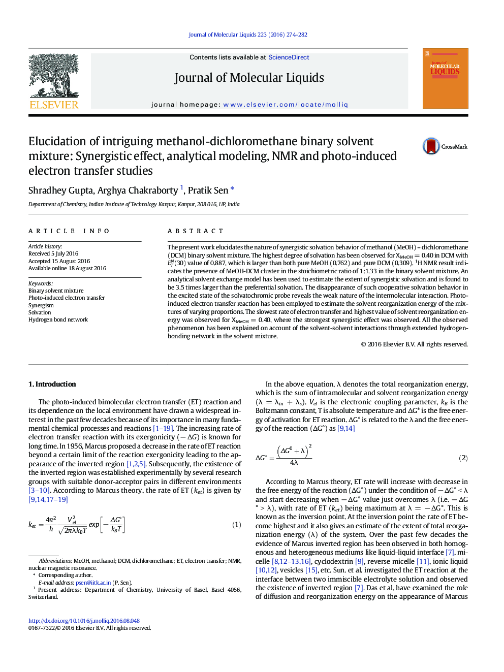 Elucidation of intriguing methanol-dichloromethane binary solvent mixture: Synergistic effect, analytical modeling, NMR and photo-induced electron transfer studies