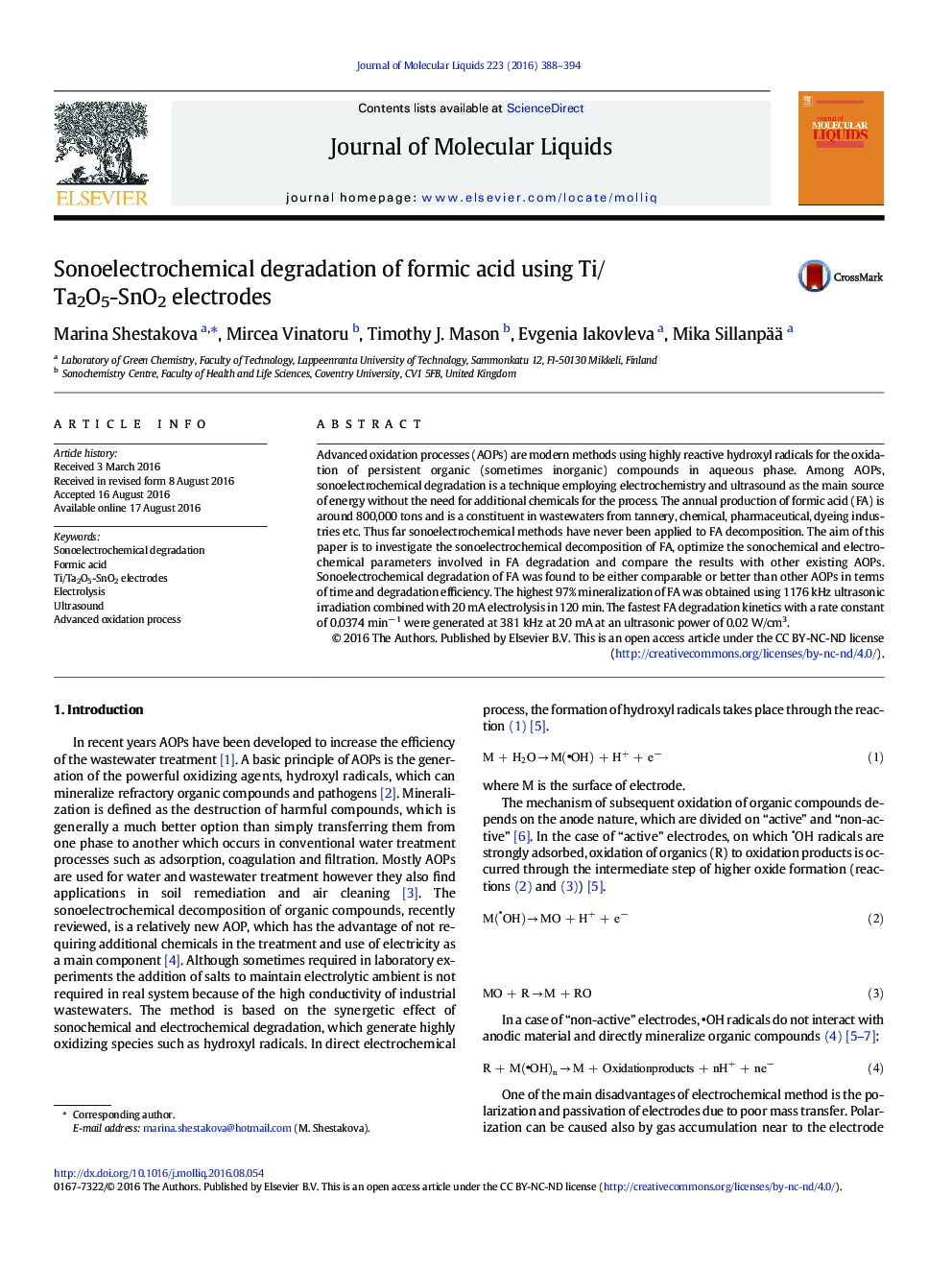 عکس صفحه اول مقاله: Sonoelectrochemical degradation of formic acid using Ti/Ta2O5-SnO2 electrodes Sonoelectrochemical degradation of formic acid using Ti/Ta2O5-SnO2 electrodes