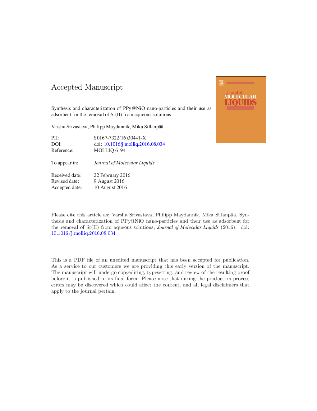 عکس صفحه اول مقاله: Synthesis and characterization of PPy@NiO nano-particles and their use as adsorbent for the removal of Sr(II) from aqueous solutions Synthesis and characterization of PPy@NiO nano-particles and their use as adsorbent for the removal of Sr(II) from aqueous solutions