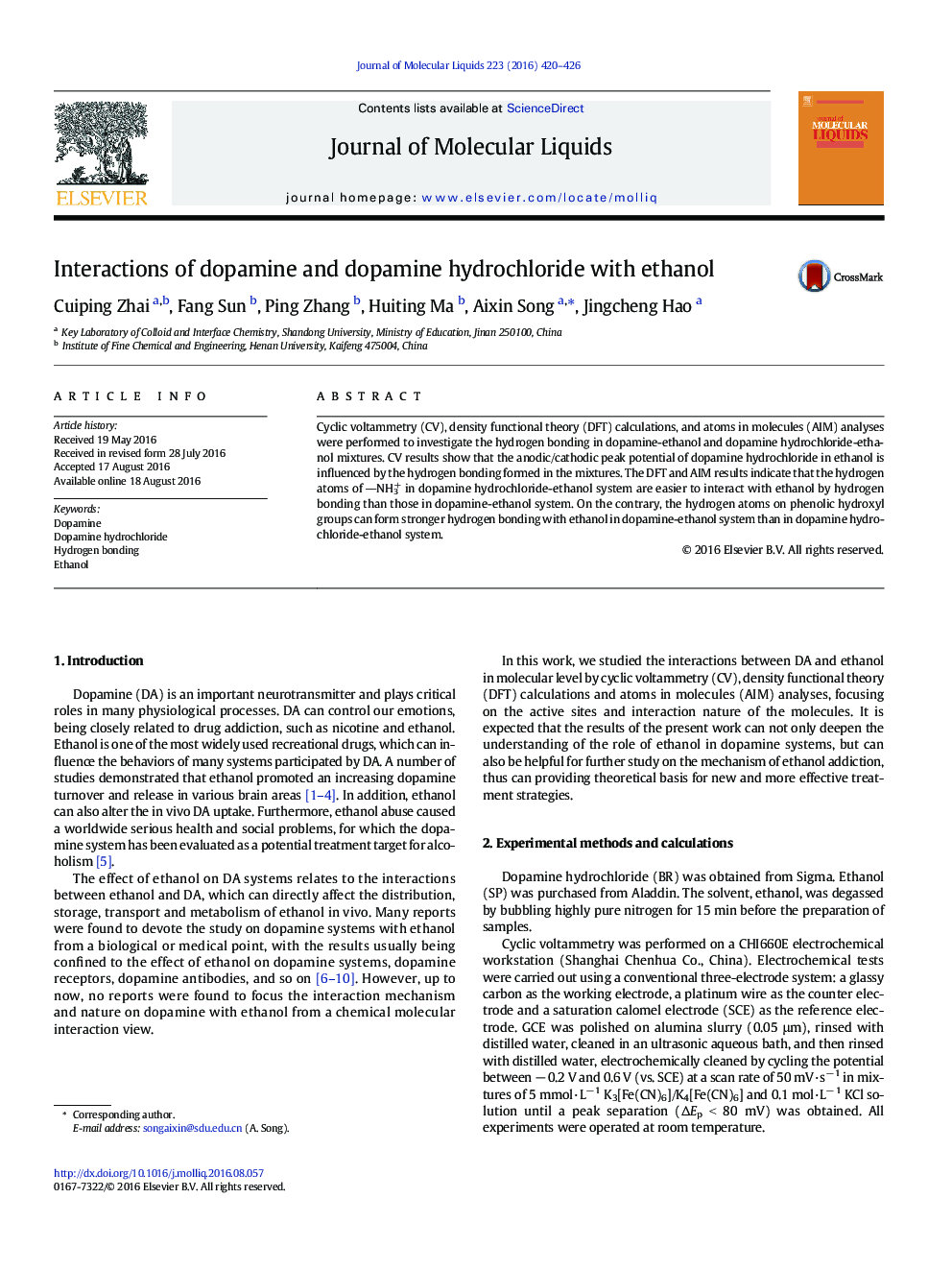 Interactions of dopamine and dopamine hydrochloride with ethanol