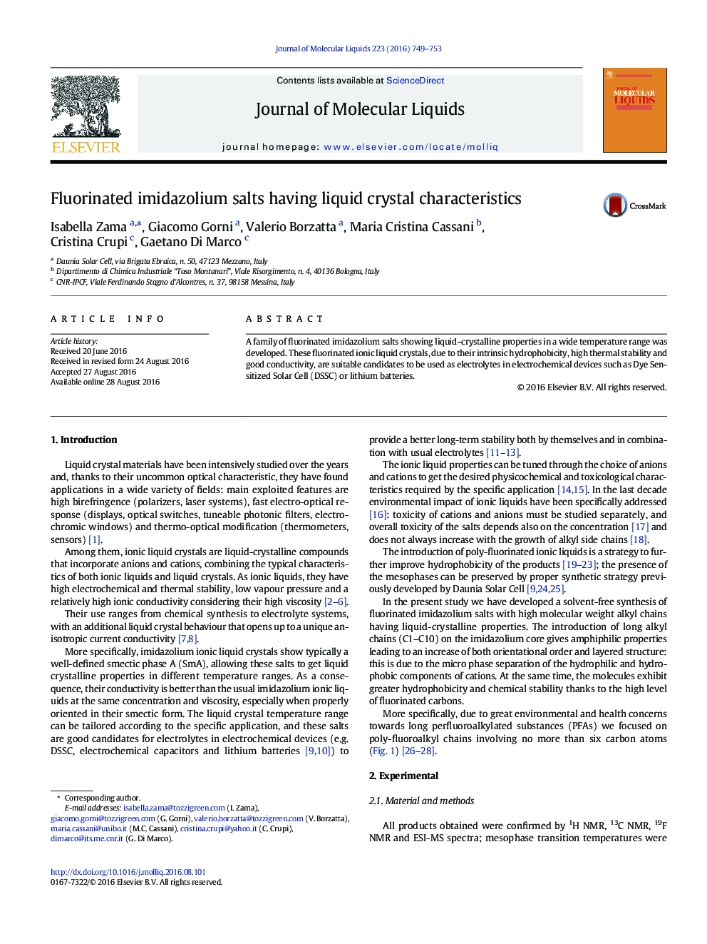 Fluorinated imidazolium salts having liquid crystal characteristics