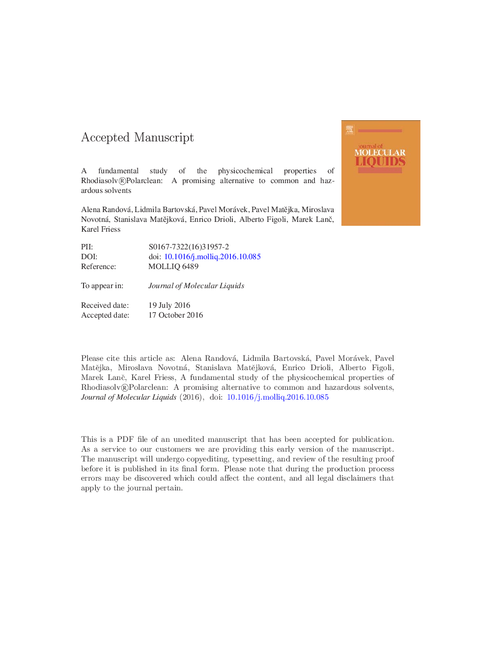 عکس صفحه اول مقاله: A fundamental study of the physicochemical properties of Rhodiasolv®Polarclean: A promising alternative to common and hazardous solvents A fundamental study of the physicochemical properties of Rhodiasolv®Polarclean: A promising alternative to common and hazardous solvents