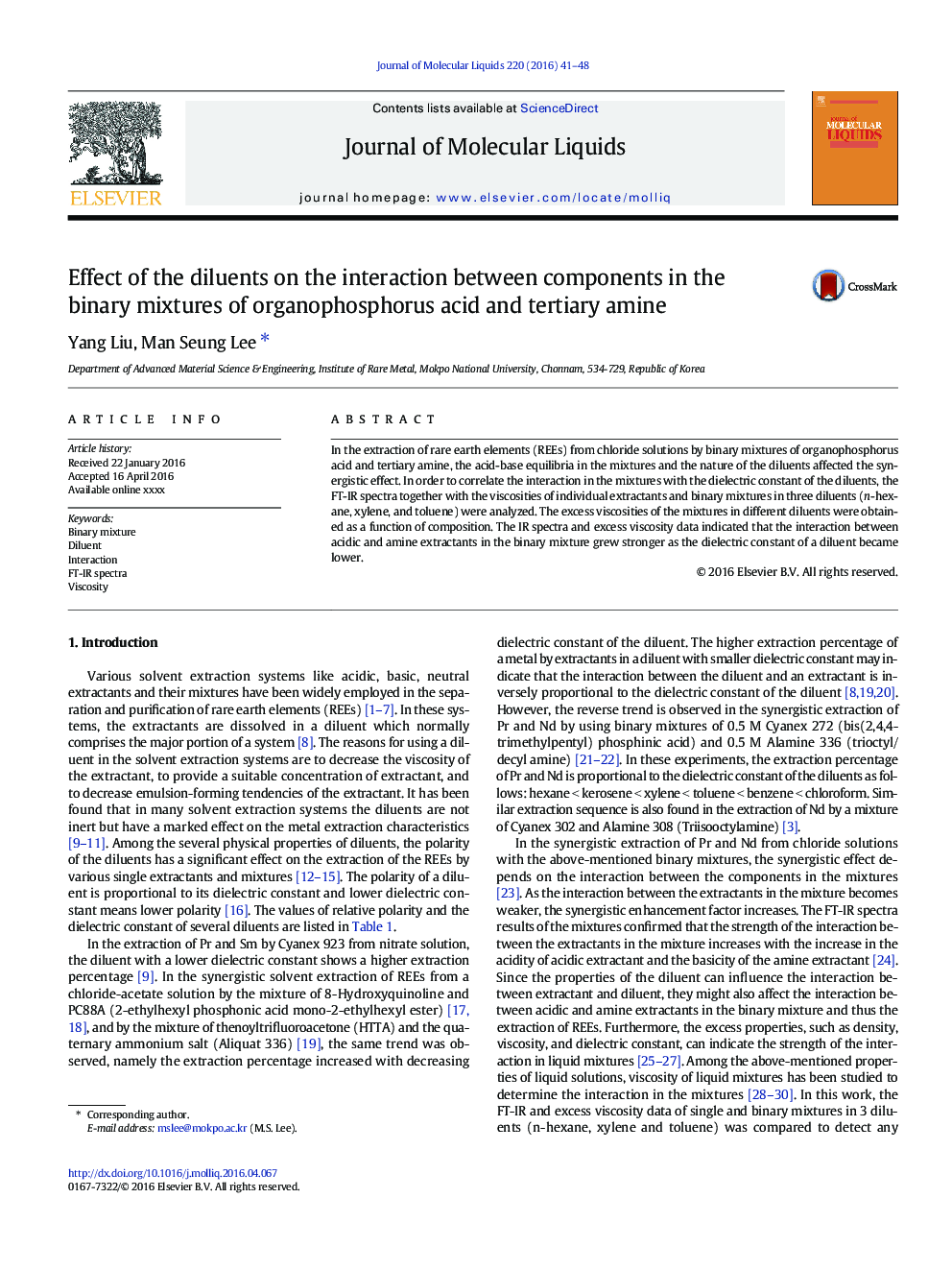 Effect of the diluents on the interaction between components in the binary mixtures of organophosphorus acid and tertiary amine