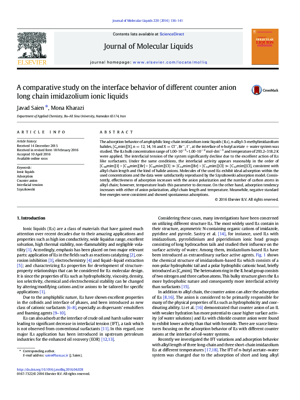 A comparative study on the interface behavior of different counter anion long chain imidazolium ionic liquids