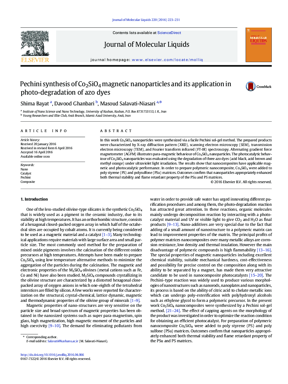 Pechini synthesis of Co2SiO4 magnetic nanoparticles and its application in photo-degradation of azo dyes