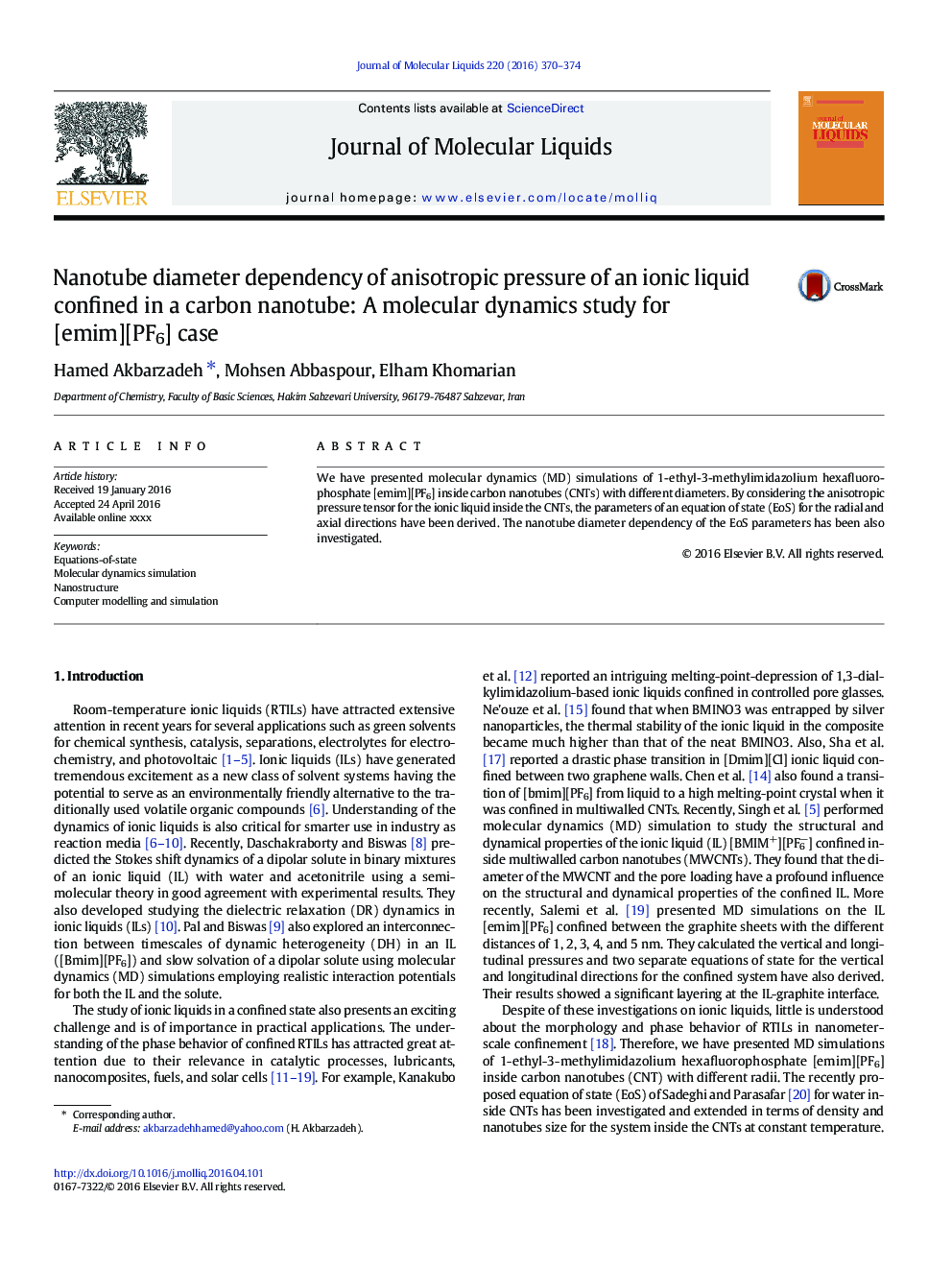 Nanotube diameter dependency of anisotropic pressure of an ionic liquid confined in a carbon nanotube: A molecular dynamics study for [emim][PF6] case