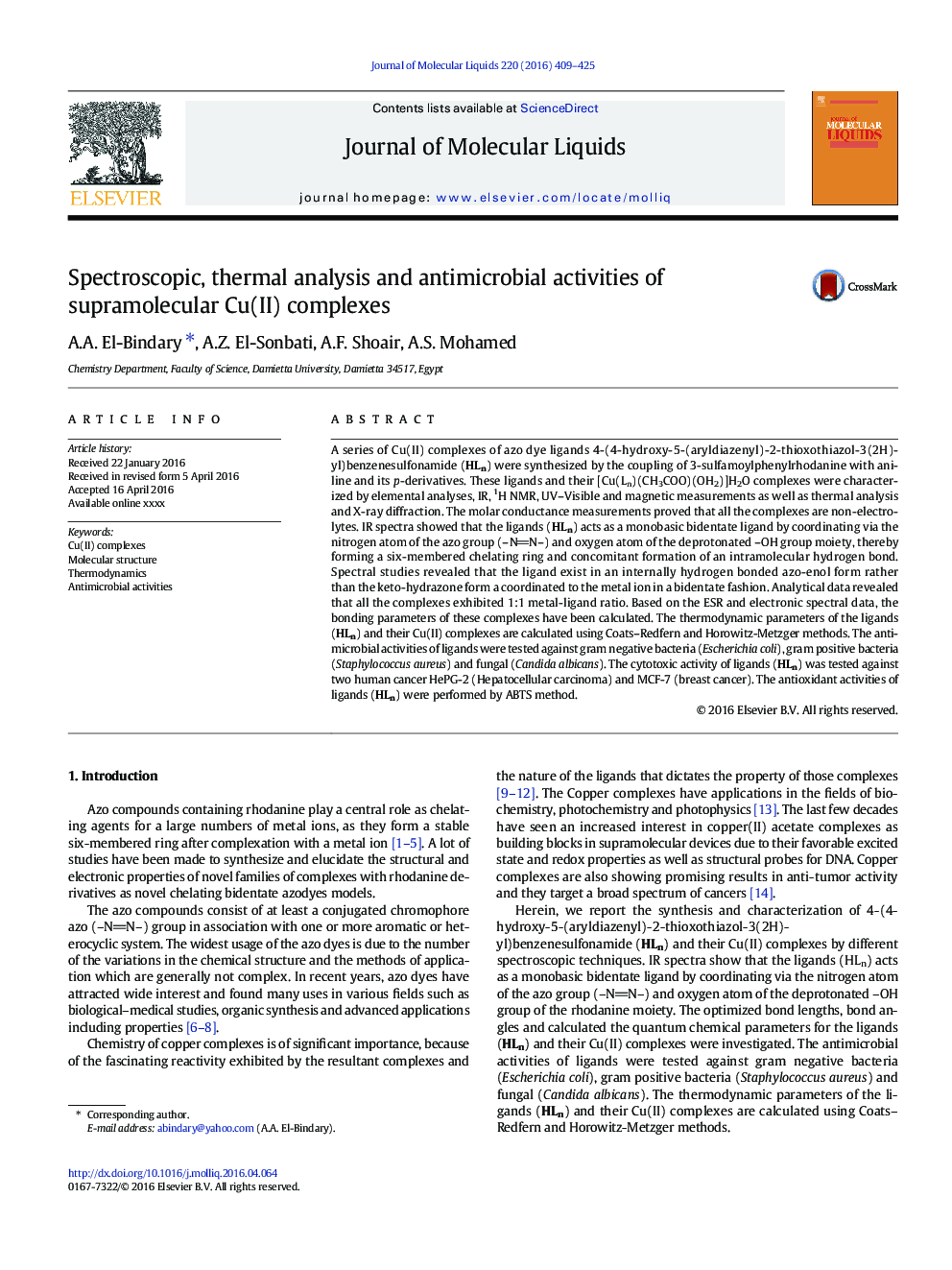 Spectroscopic, thermal analysis and antimicrobial activities of supramolecular Cu(II) complexes