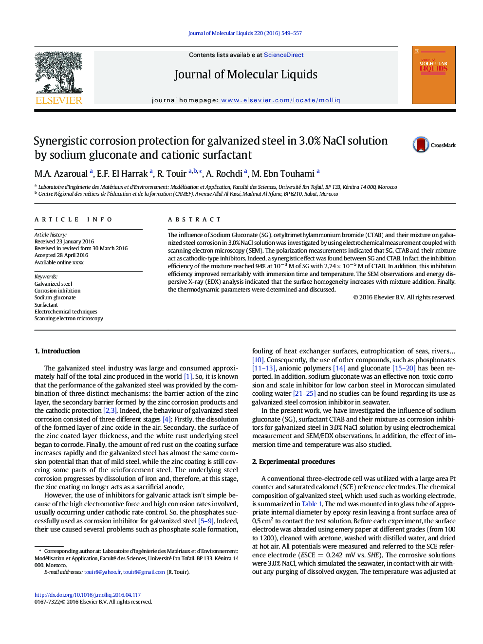 Synergistic corrosion protection for galvanized steel in 3.0% NaCl solution by sodium gluconate and cationic surfactant