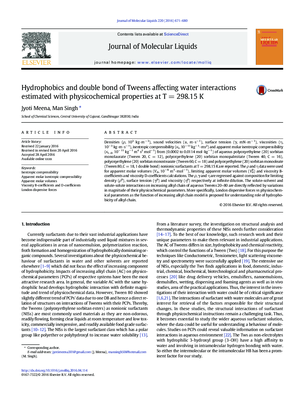 Hydrophobics and double bond of Tweens affecting water interactions estimated with physicochemical properties at TÂ =Â 298.15Â K