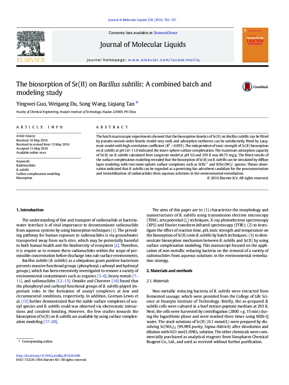 The biosorption of Sr(II) on Bacillus subtilis: A combined batch and modeling study