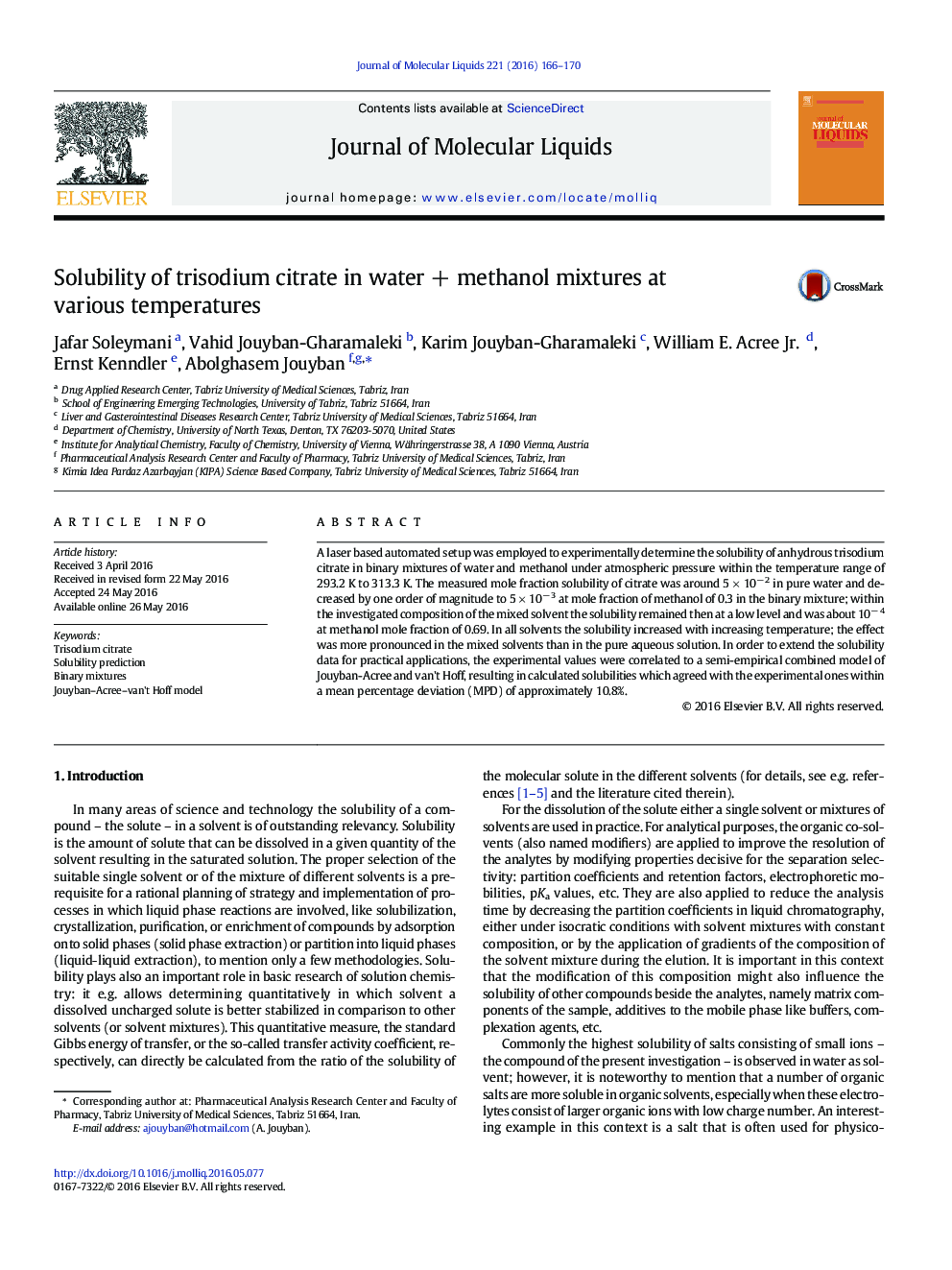 Solubility of trisodium citrate in waterÂ +Â methanol mixtures at various temperatures