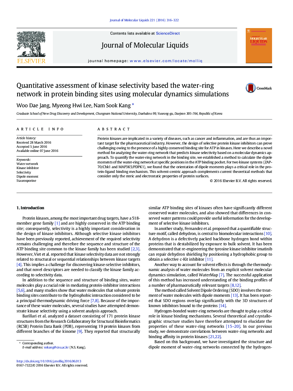 Quantitative assessment of kinase selectivity based the water-ring network in protein binding sites using molecular dynamics simulations