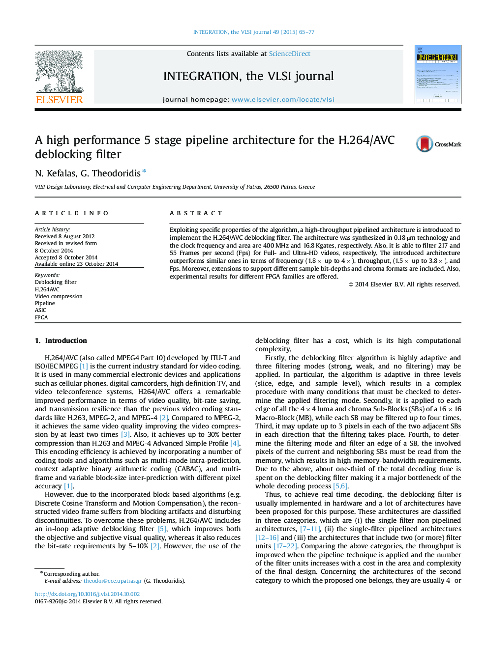 A high performance 5 stage pipeline architecture for the H.264/AVC deblocking filter