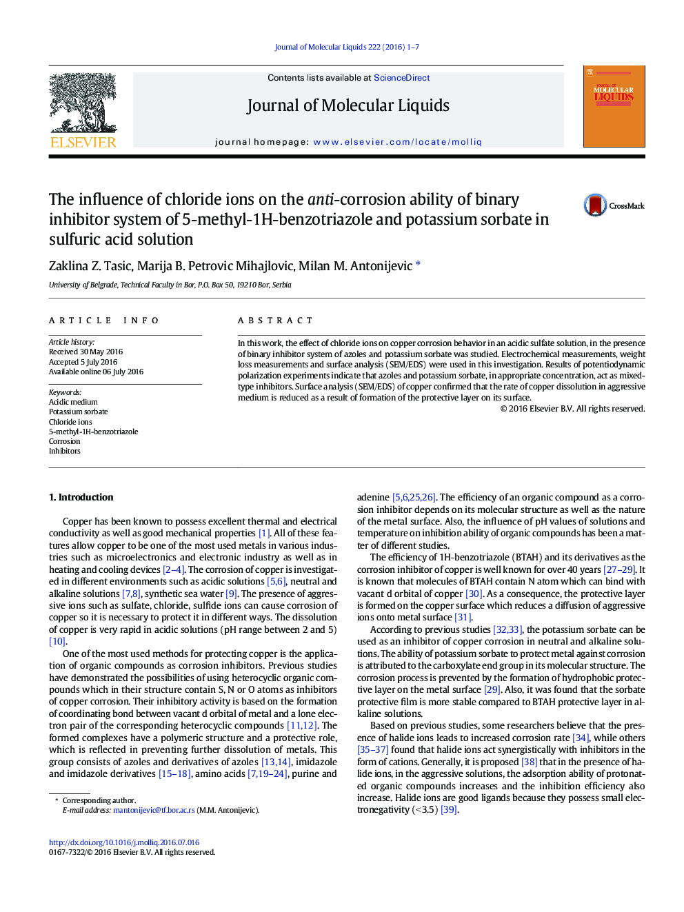 The influence of chloride ions on the anti-corrosion ability of binary inhibitor system of 5-methyl-1H-benzotriazole and potassium sorbate in sulfuric acid solution