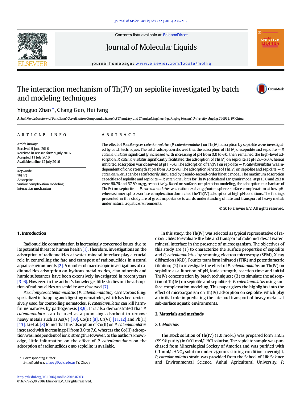 The interaction mechanism of Th(IV) on sepiolite investigated by batch and modeling techniques