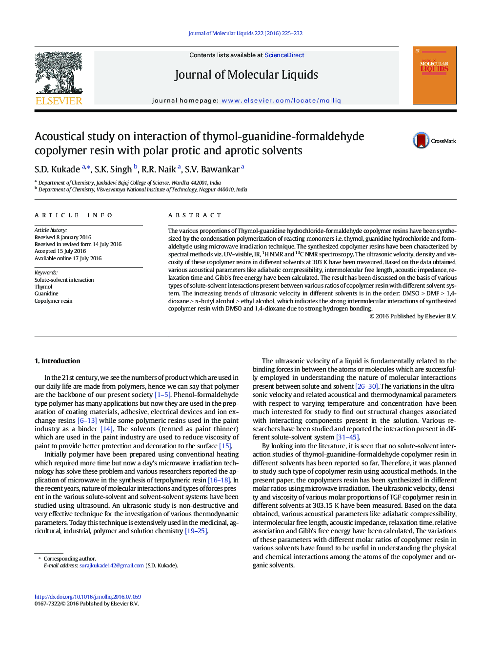 Acoustical study on interaction of thymol-guanidine-formaldehyde copolymer resin with polar protic and aprotic solvents