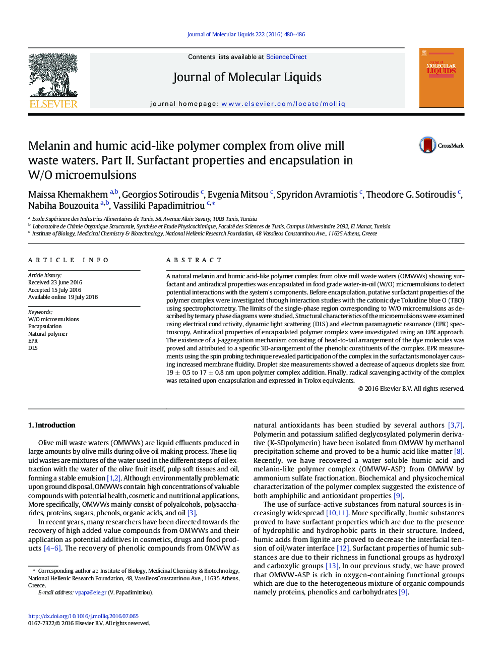 Melanin and humic acid-like polymer complex from olive mill waste waters. Part II. Surfactant properties and encapsulation in W/O microemulsions