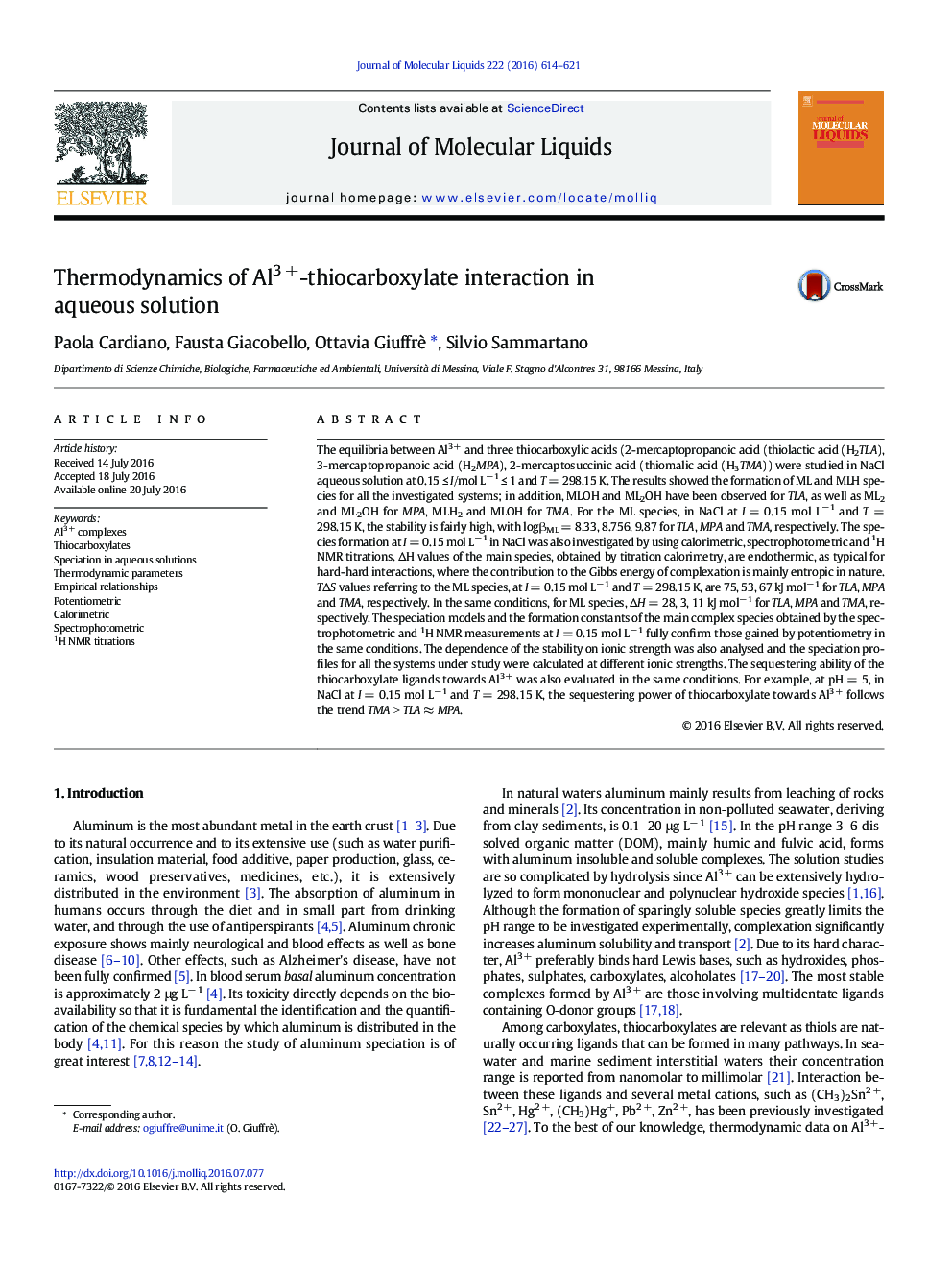 Thermodynamics of Al3Â +-thiocarboxylate interaction in aqueous solution