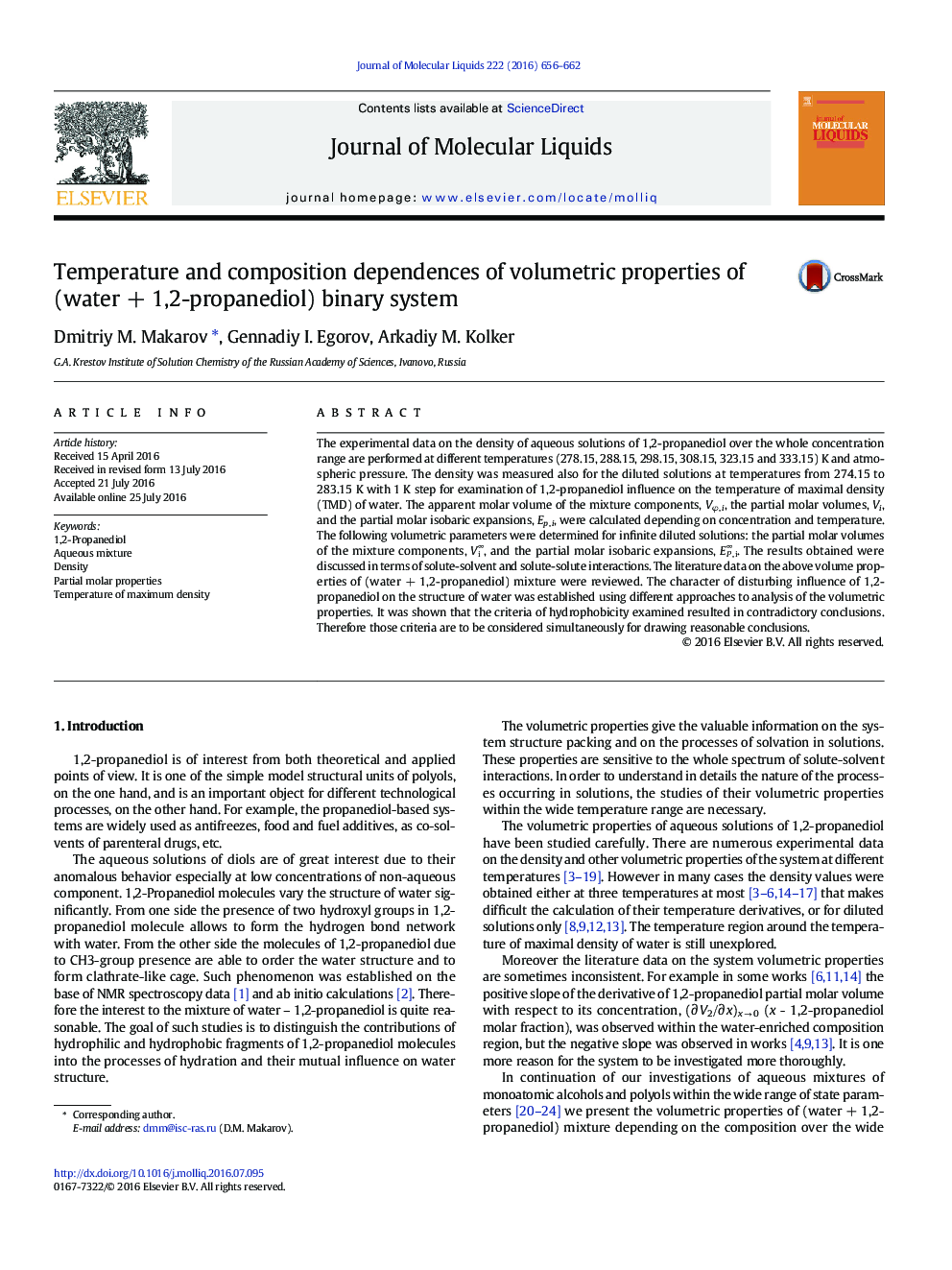 عکس صفحه اول مقاله: Temperature and composition dependences of volumetric properties of (water + 1,2-propanediol) binary system Temperature and composition dependences of volumetric properties of (water + 1,2-propanediol) binary system