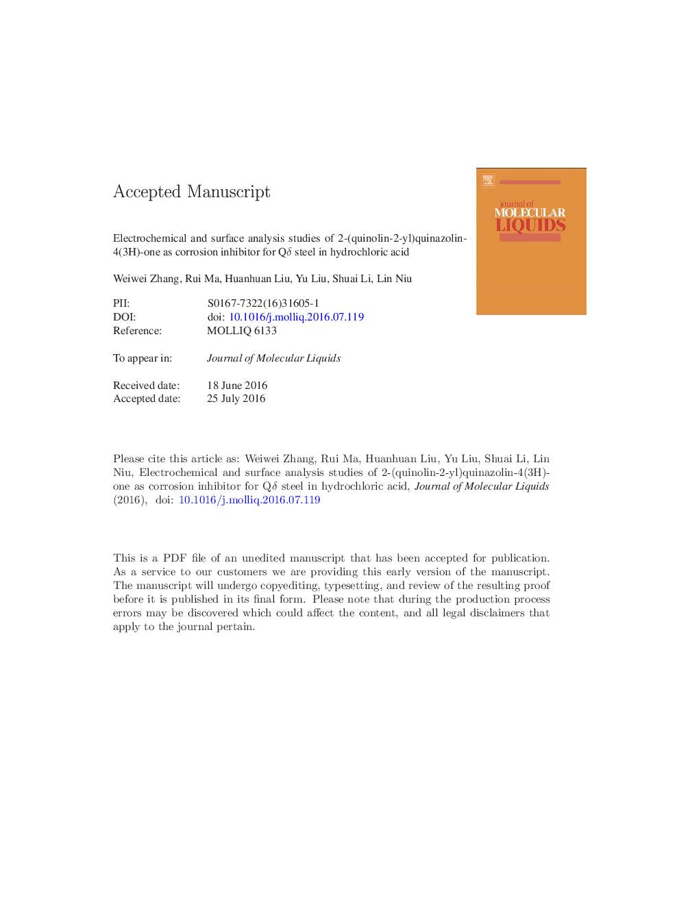 Electrochemical and surface analysis studies of 2-(quinolin-2-yl)quinazolin-4(3H)-one as corrosion inhibitor for Q235 steel in hydrochloric acid