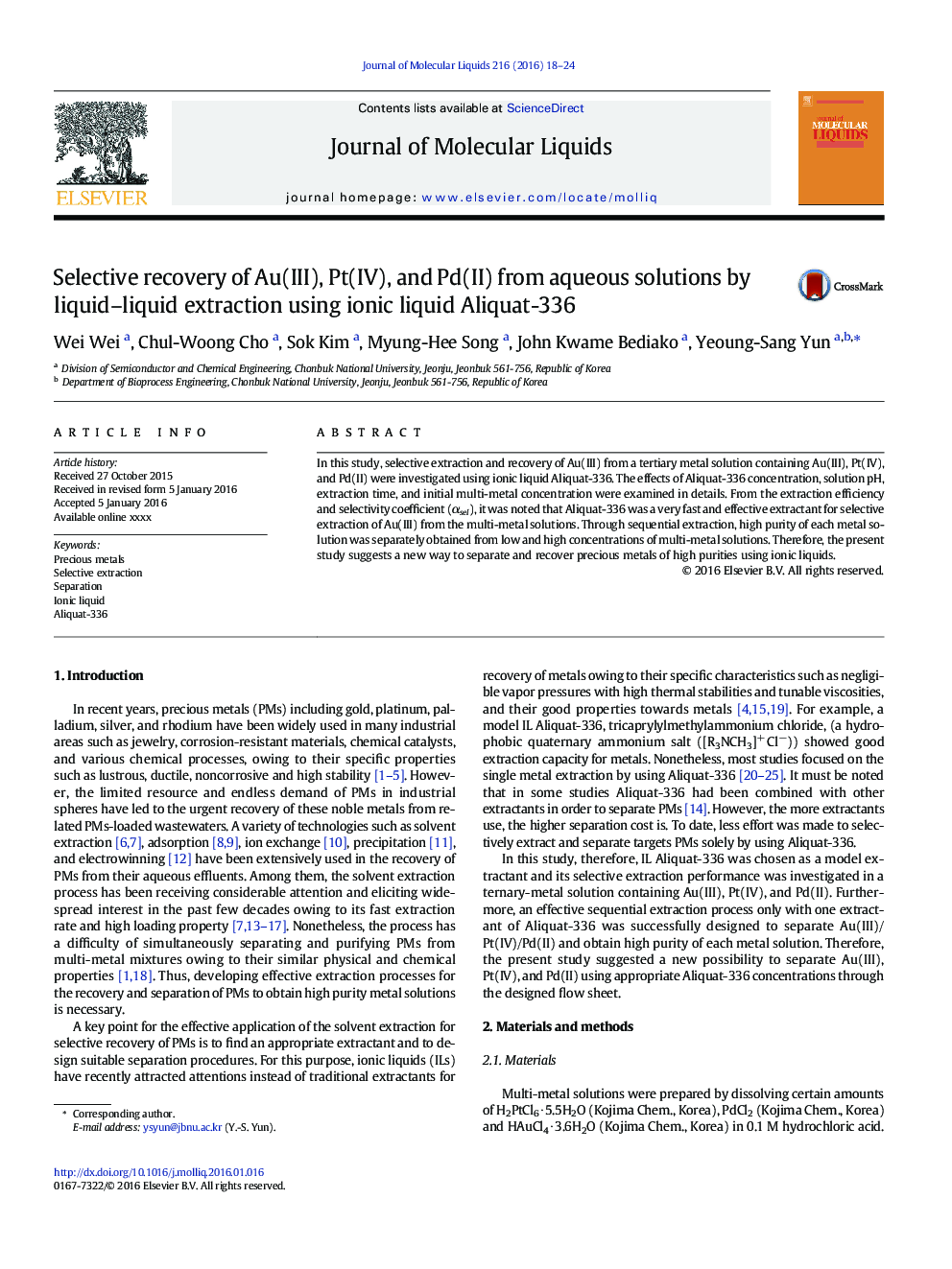 Selective recovery of Au(III), Pt(IV), and Pd(II) from aqueous solutions by liquid-liquid extraction using ionic liquid Aliquat-336