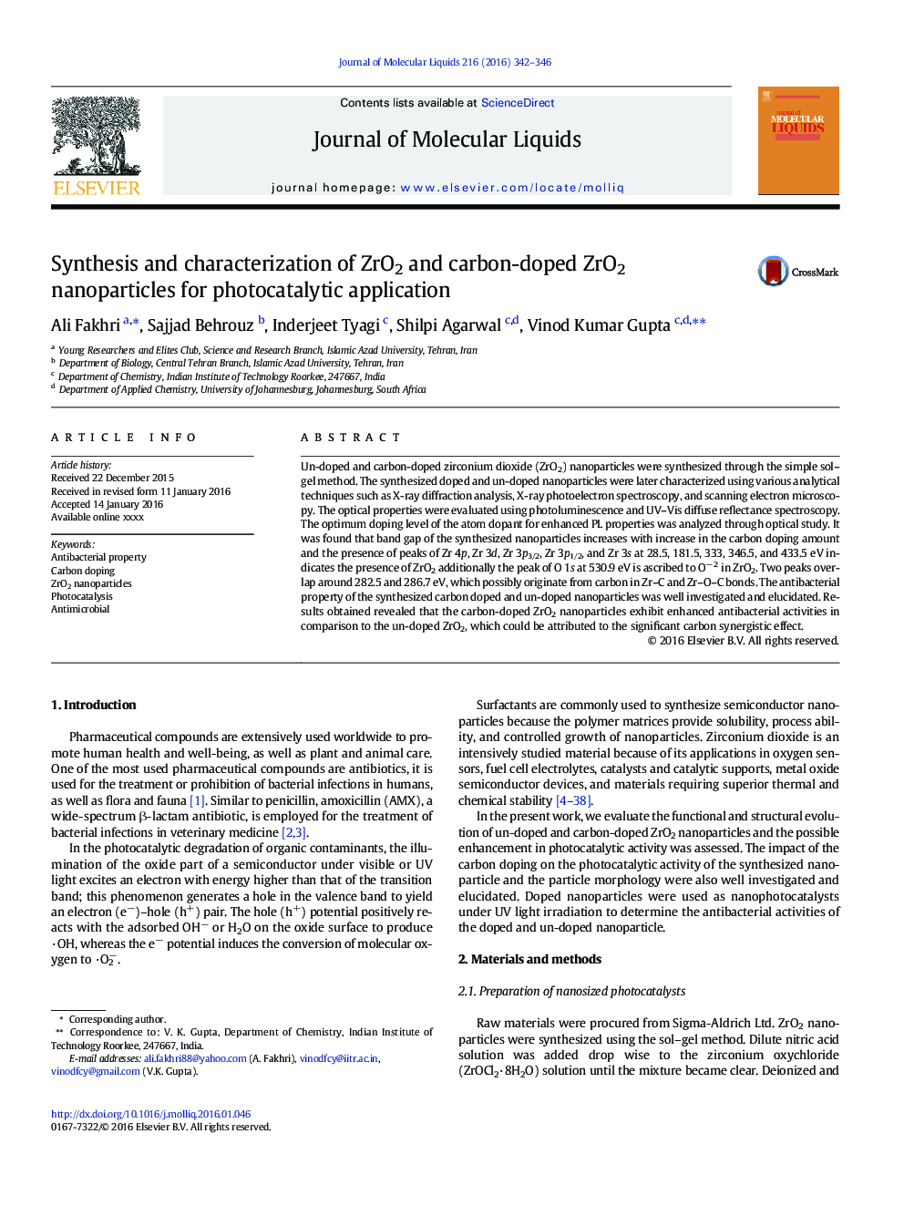 Synthesis and characterization of ZrO2 and carbon-doped ZrO2 nanoparticles for photocatalytic application