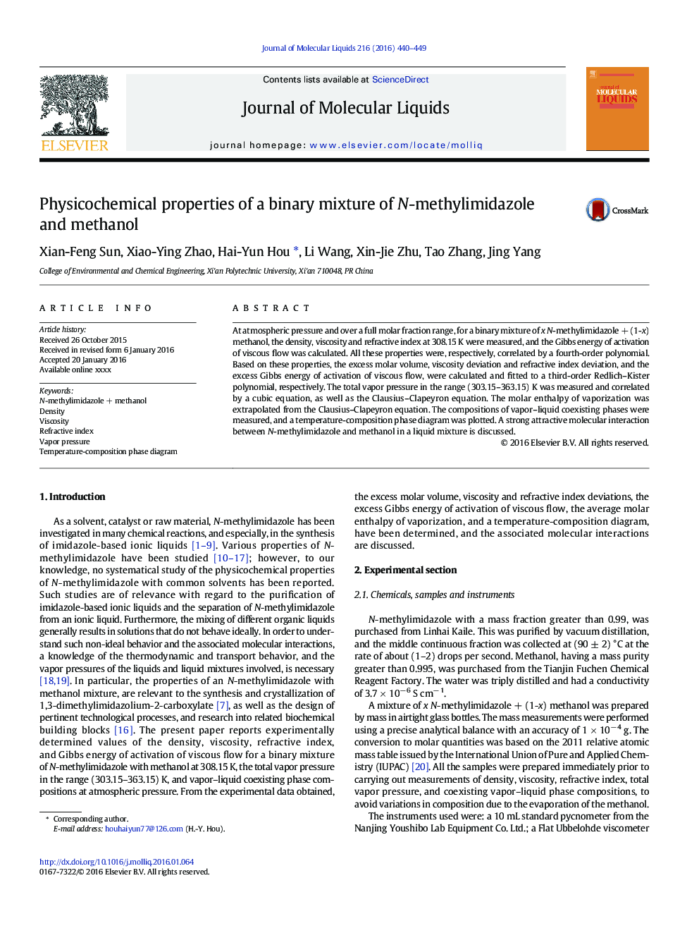 Physicochemical properties of a binary mixture of N-methylimidazole and methanol