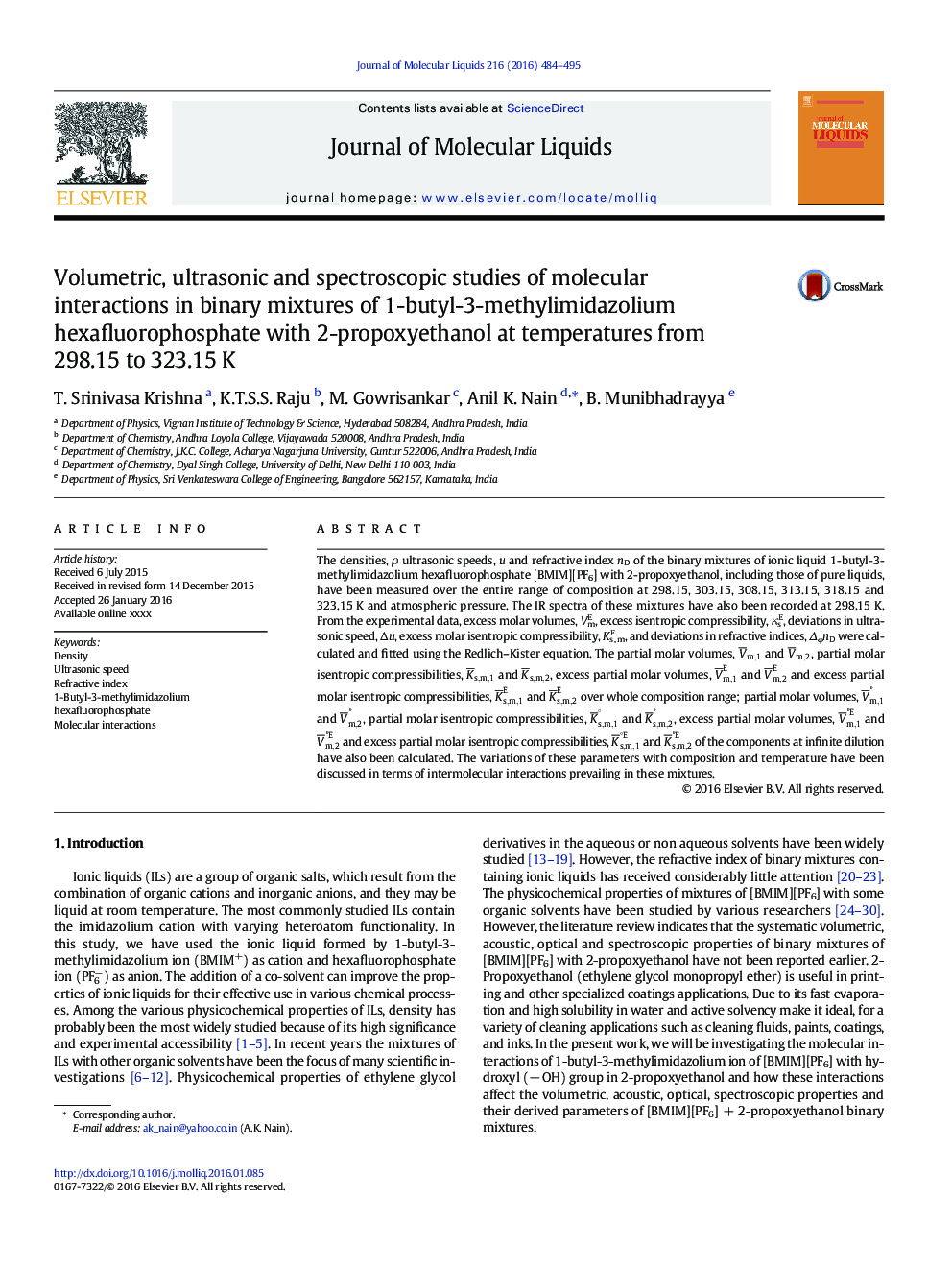 Volumetric, ultrasonic and spectroscopic studies of molecular interactions in binary mixtures of 1-butyl-3-methylimidazolium hexafluorophosphate with 2-propoxyethanol at temperatures from 298.15 to 323.15Â K