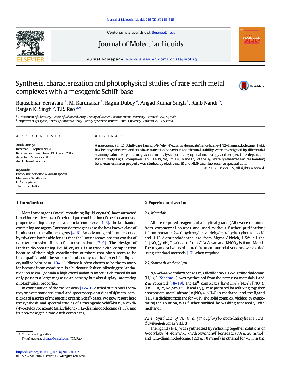 عکس صفحه اول مقاله: Synthesis, characterization and photophysical studies of rare earth metal complexes with a mesogenic Schiff-base Synthesis, characterization and photophysical studies of rare earth metal complexes with a mesogenic Schiff-base